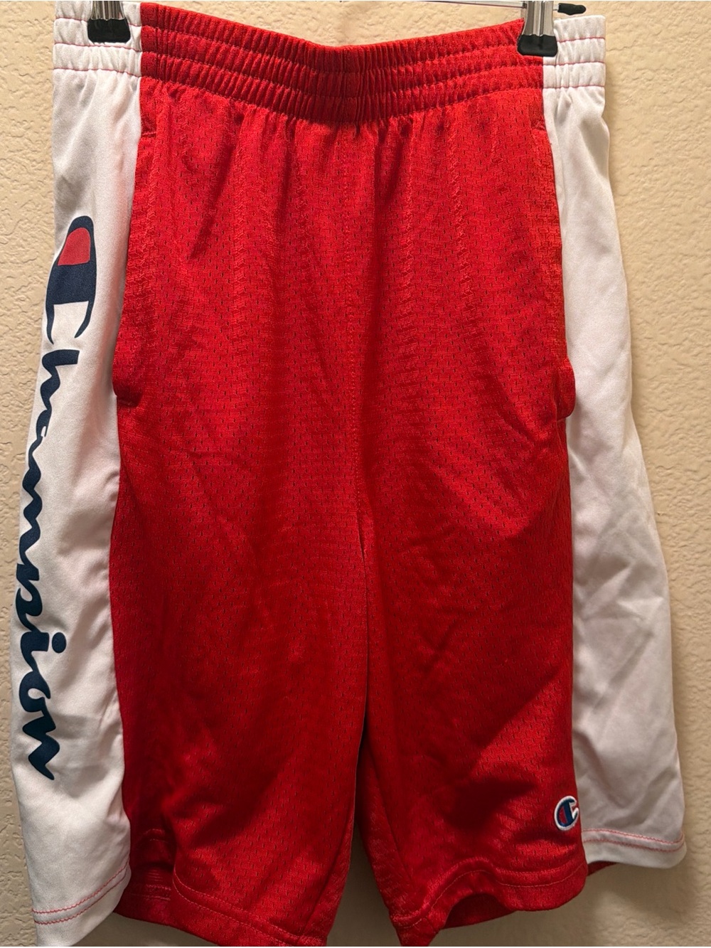 Boys Champion Red Mesh Athletic Shorts with White Side Panels